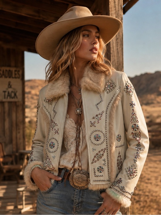 Cripple Creek Jackets & Blazers - Cripple Creek Jewel Embellished Cream Fur-Trim Leather Jacket